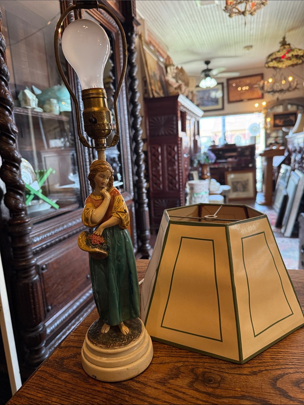 Vintage Borghese Chalkware Figural Table Lamp Woman with Basket
